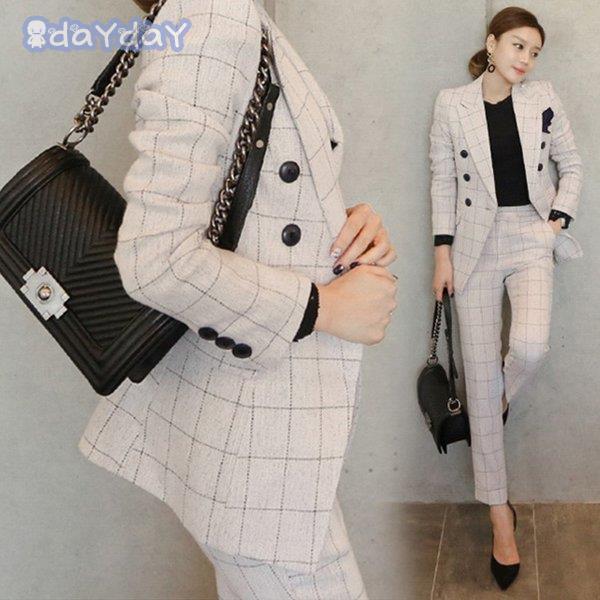 高品質な商品 3枚購入で200円OFF セットアップ レディース 40代 春秋 セットアップ通勤 きれいめ 長袖スーツジャケット ロングパンツ チェック柄セットアップ ビジネススーツ オシャレ 風