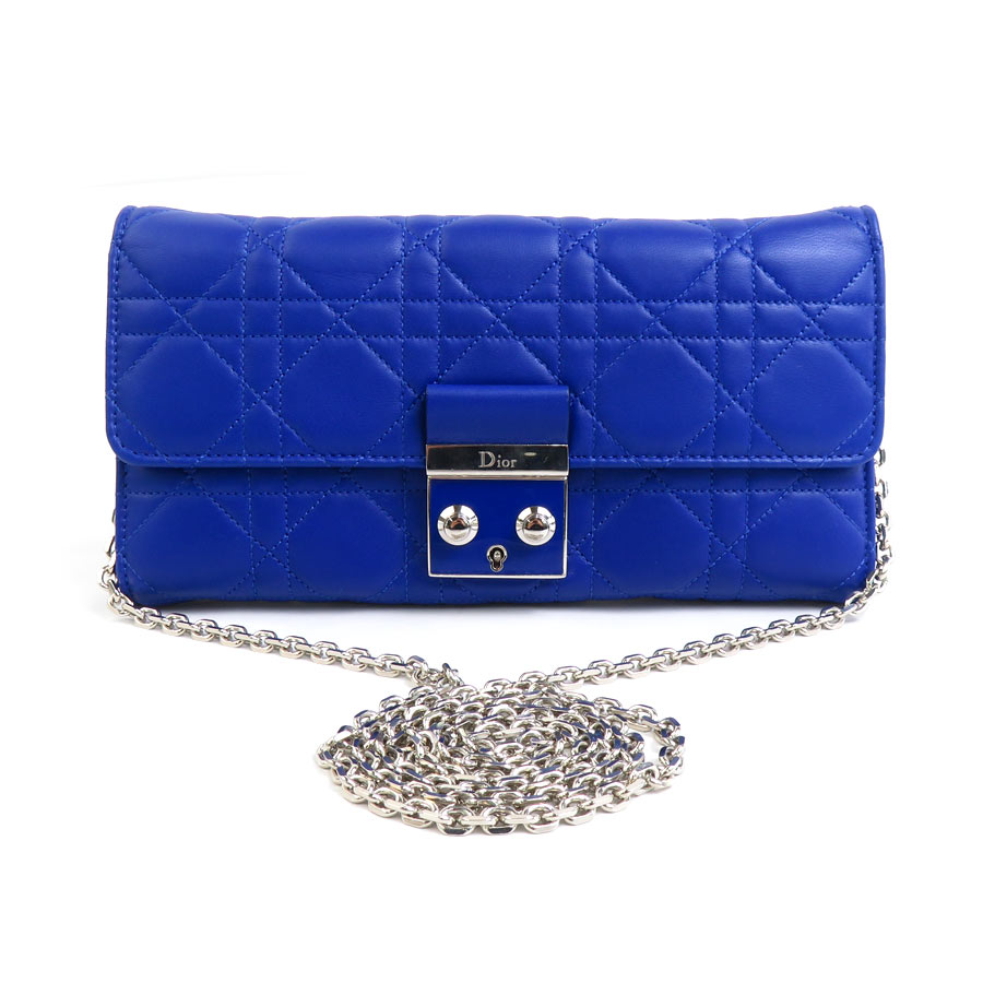 クリスチャンディオール Christian Dior ウォレットチェーン カナージュ レザー ブルー シルバー レディース e60064g