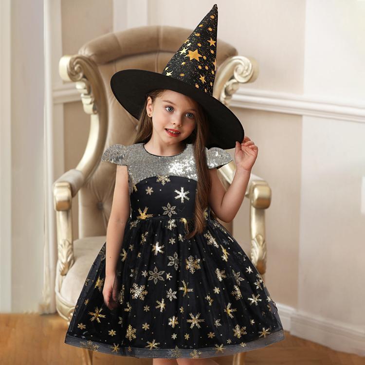 ハロウィンドレス 魔女コスチューム キッズ用 ワンピース 帽子 マスク 2点セット 半袖 ウィッチ仮装 子供服 舞台服 コスプレ衣装 パーティー 演出