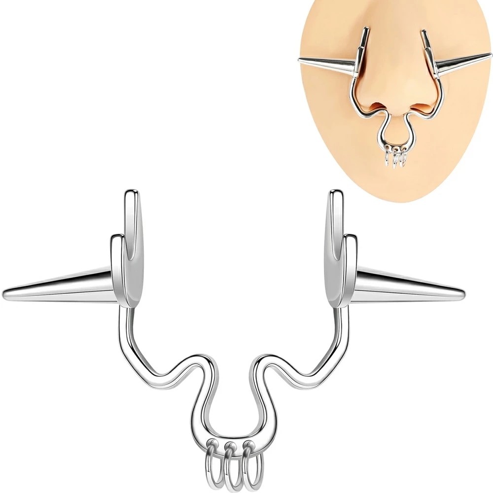 スパイクスカル セプタム ノンホールピアス 髑髏 ドクロ 鼻 ナサラング 髭 ボディピ風 装着簡単 挟む ノーズクリップ ユニーク 穴不要 男性 女性 仮装 コスプレ cp-00-00767xx