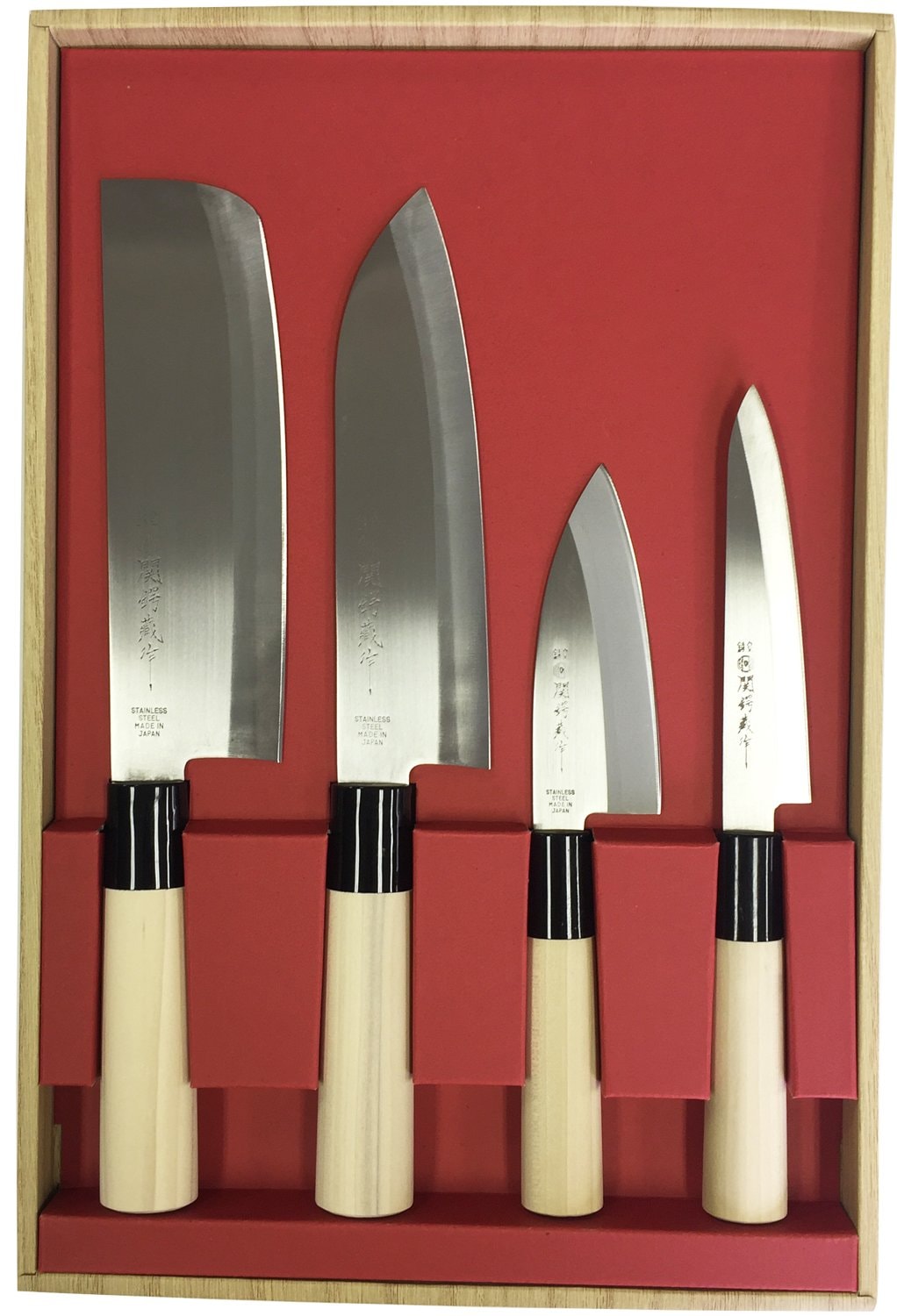 ヤクセル 関鍔蔵作 包丁 4本セット 三徳包丁・菜切包丁・小出刃包丁・ペティナイフ 初心者向け 片刃 和包丁 魚 捌き 野菜用 ステンレス製 30046