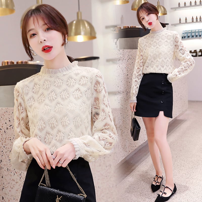 トップス レディース ブラウス シャツ l リーフ柄 個性的 長袖 韓国 春 秋 10代 20代 30代 40代 おしゃれ きれいめ シャツ ブラウス コーデ 白シャツ プルオーバー スタンドカ