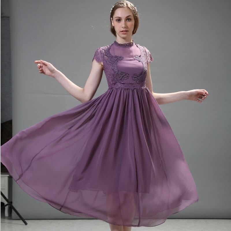 1912.ハイネック刺繍ロングワンピース（パープル）2019 春夏 sale ドレス シフォン エレガント お呼ばれ パーティー 結婚式 披露宴 女子会 レストラン デート