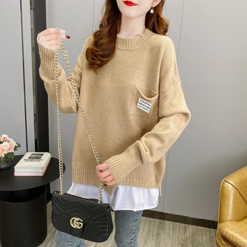 トップス ニットソー レギュラー丈 長袖 レギュラー袖 ラウンドネック ニット ウール フェイクツーピース 2XL 3XL カーキ グレー ラフ キュート ルーズ クール とろみ感 無地 秋 個性的