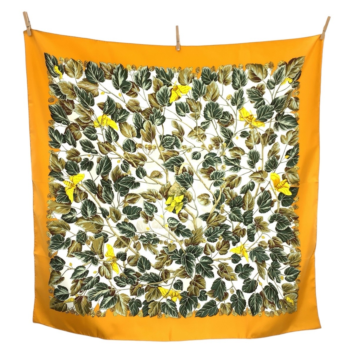 美品 LARBRE de SOIE カレ90 オレンジ シルク スカーフ レディース 602641