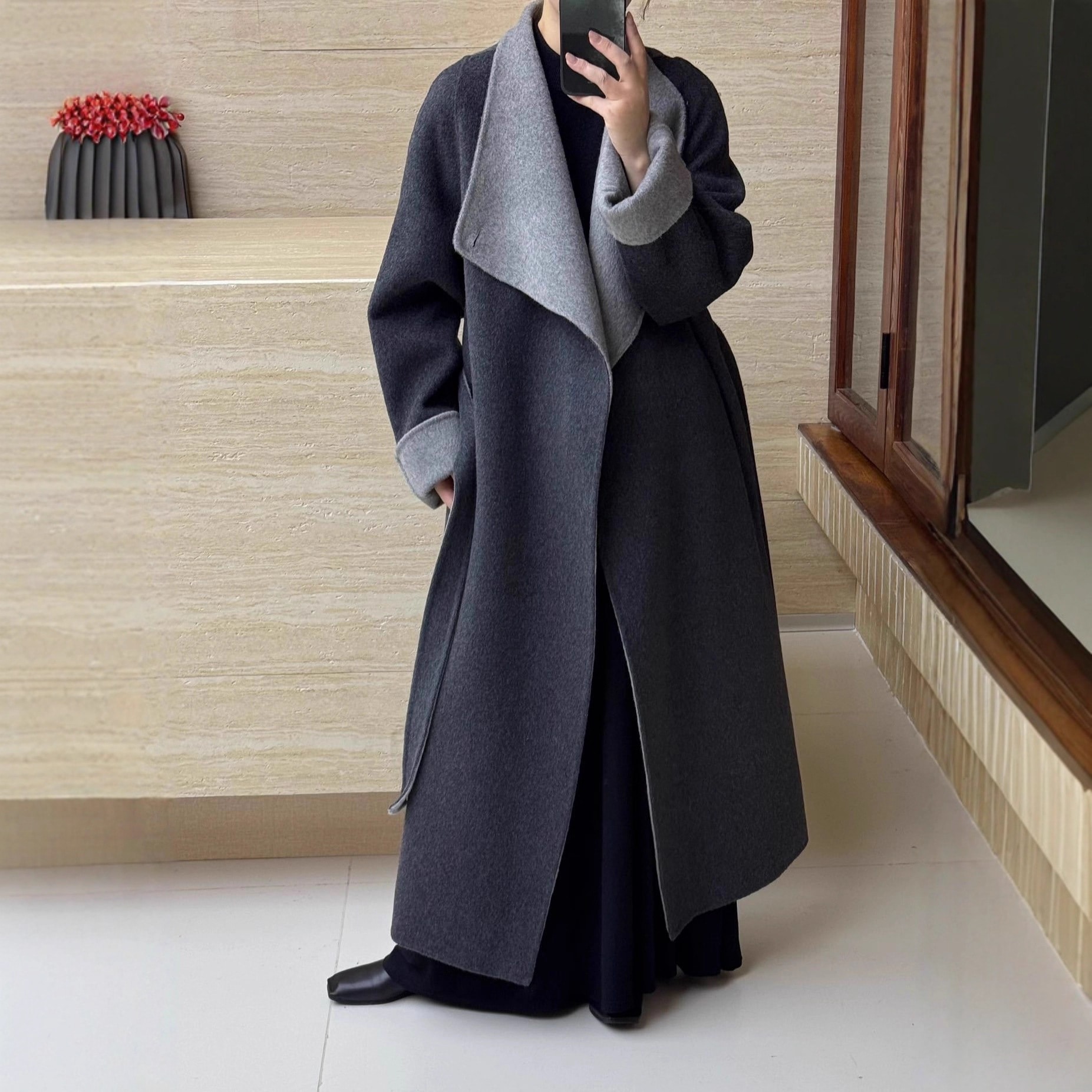 2025年秋冬新作　ハイエンド　トール　レディース　ロングウールコート　カラーブロックデザイン　両面カシミア　ベルトスタイル
