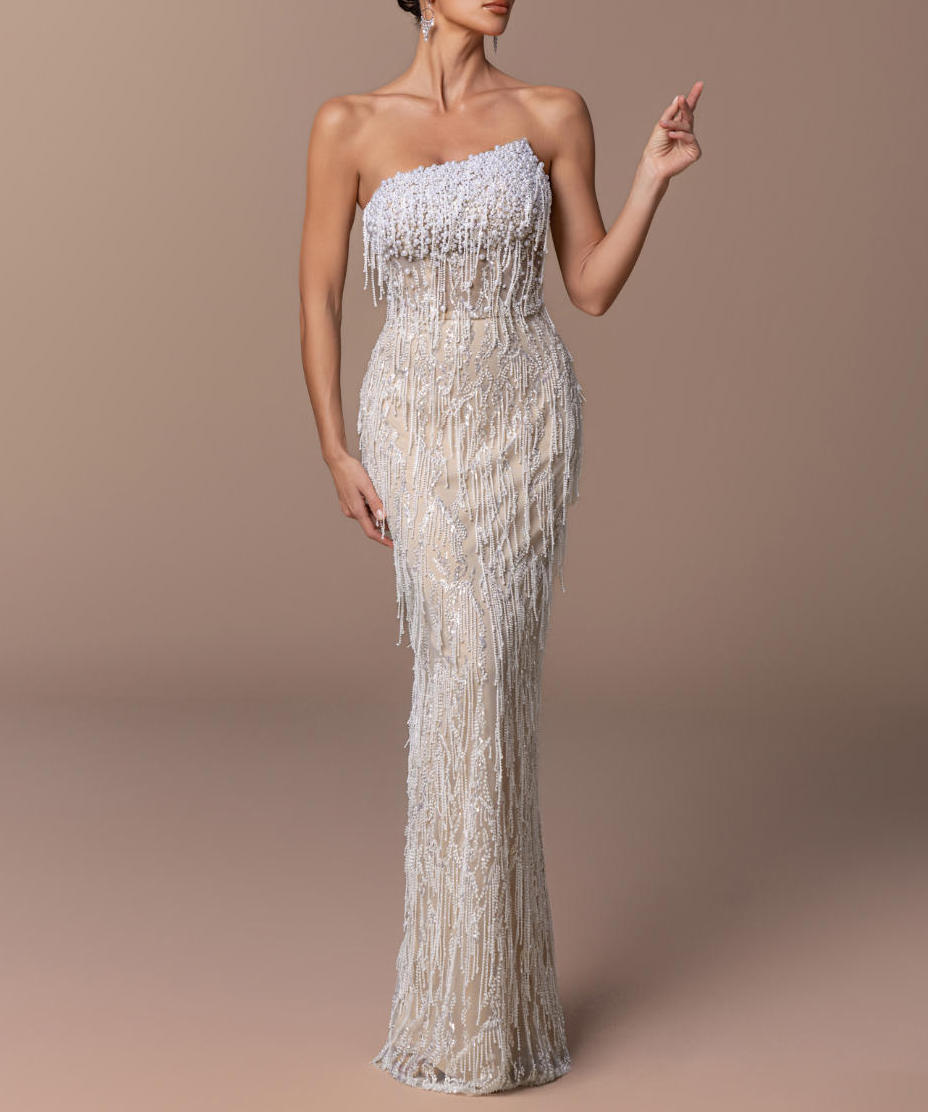 ウェディング·パーティー·ドレス ハイグラマー ラグジュアリー ストラップレス マーメイドドレス レイヤード ビーズタッセル付きハイスリット フィッシュテールスカート上品なパーティーブライダル 18,426円