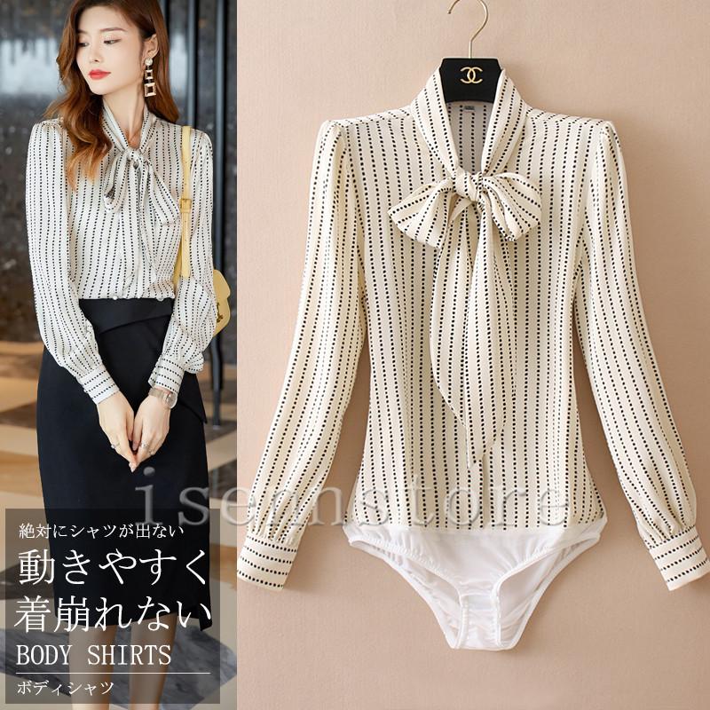 ツナギ オフィス 着崩れないシャツ 【韓国ins大人気】即納春服 リクルート ボディシャツ 制服 ブラウス 長袖 レディース ドット柄 ボウタイリボンブラウス シフォンブラウス
