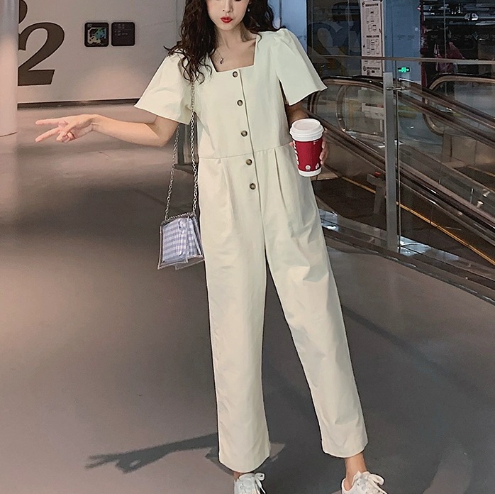オールインワン パンツ つなぎ ゆる ストレートパンツ ロング丈 半袖 半端袖 スクエアネック ルーズ 細身 ストレート スマート フリル 前開き 薄手 大人可愛い きれいめ シンプル カジュアル