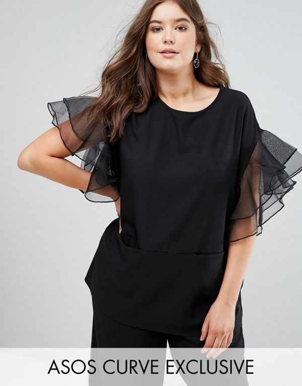 ASOS エイソス レディース 大きめサイズ ゆったりサイズ 送料無料 Black CURVE Tunic with Frill Sleeve