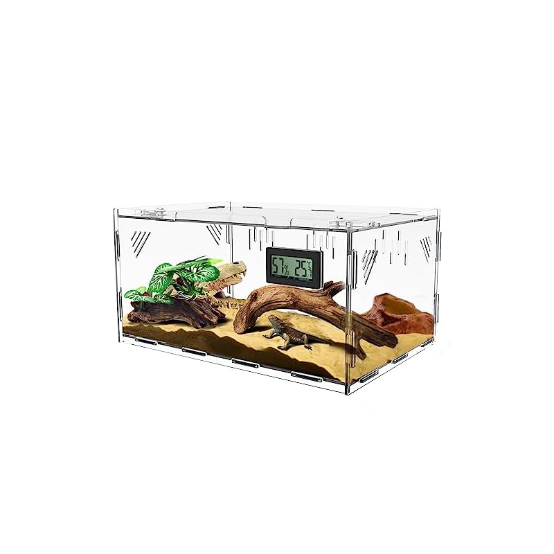 トカゲ ケージ 爬虫類 ケージ 爬虫類 飼育ケース 温度湿度計付き 爬虫類テラリウムタンク 昆虫飼育ケース 透明 通気ケージ 給餌箱 飼育容器アクリル 換気が良い 給餌ケージ ボックス 亀 トカゲ ヤ