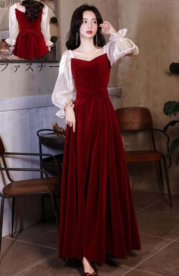 宴会ドレス 長袖 ドレス 忘年会 ロングドレス 演奏会 お嬢様 パーティードレス Aラインドレス ロング丈ワンピース 高級感 ステージ 衣装 韓国風 プリンセスライン 結婚式 洋服 花嫁の介添え人 着
