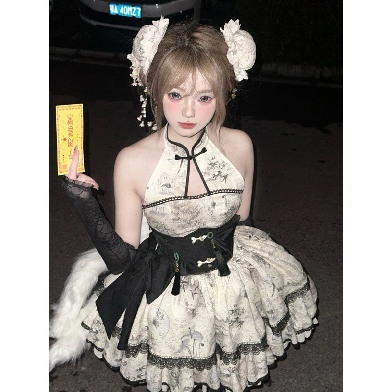 新しい風レトロ宮殿スタイル国民風ロリータ背中の開いたホルタードレス夏プリンセスチュチュスカート女性用ショートスカート