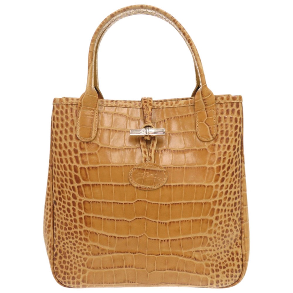 美品 クロコ型押し ロゾ ハンドバッグ 型押しレザー キャメル 1729【中古】 レディース