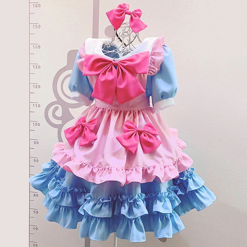 ピンク+ブルー 配色メイド服 可愛い 荷葉フリル
