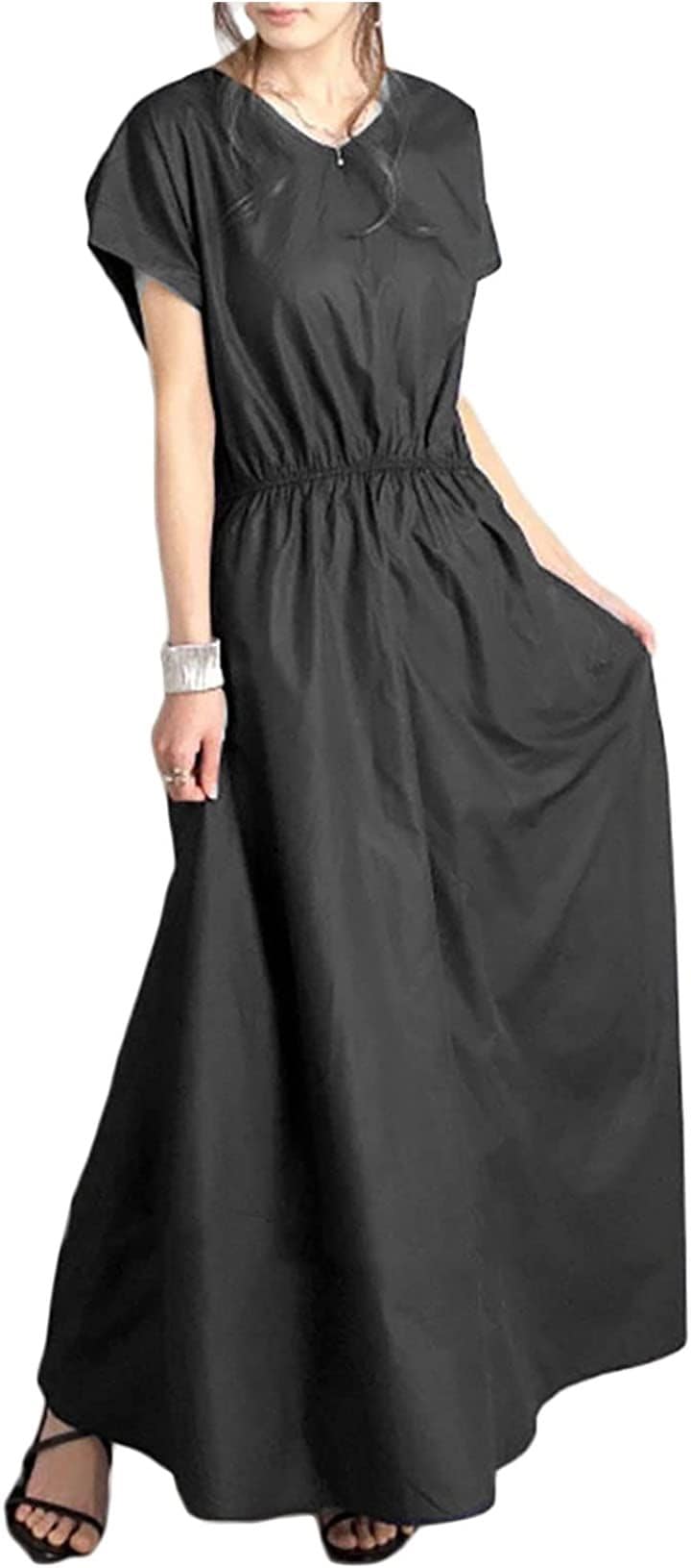 ロングワンピース マキシ丈 大きいサイズ 無地 リボン付き レディース( ブラック, M)