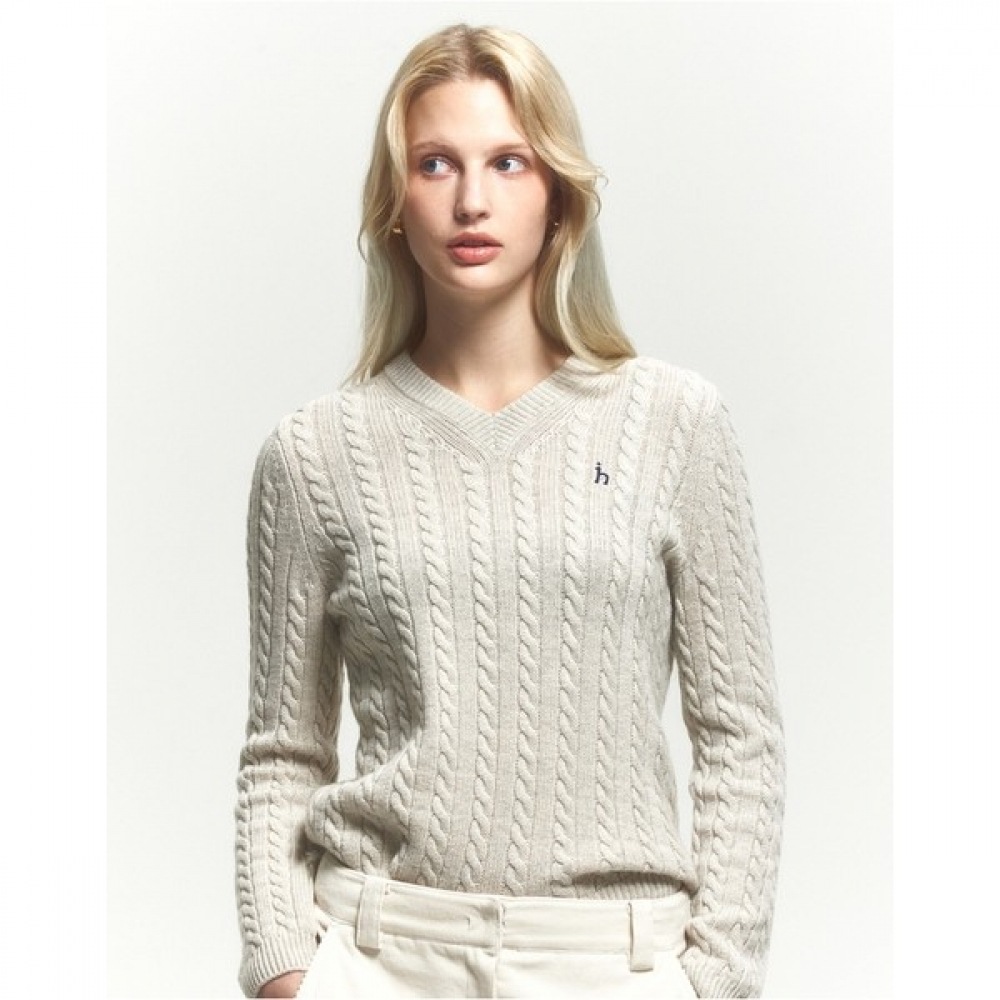 (ヘッジスレディース) 24FW ケーブル Vネックセーターアイボリー HSSW4DC87IV