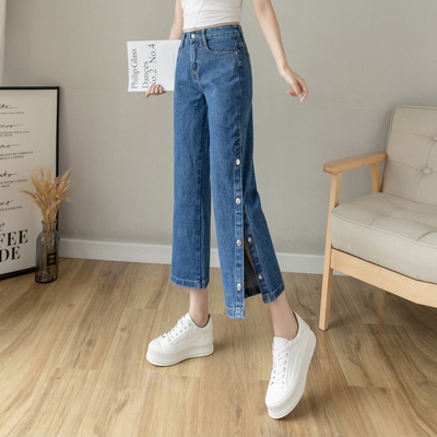 ボトムス パンツ デニムパンツ アンクル丈 7分丈 フレア スリット サイドスリット デニム ブルーデニム かわいい 大人可愛い 大人 上品 おしゃれ お洒落 かっこいい レトロ キュート 無地 春