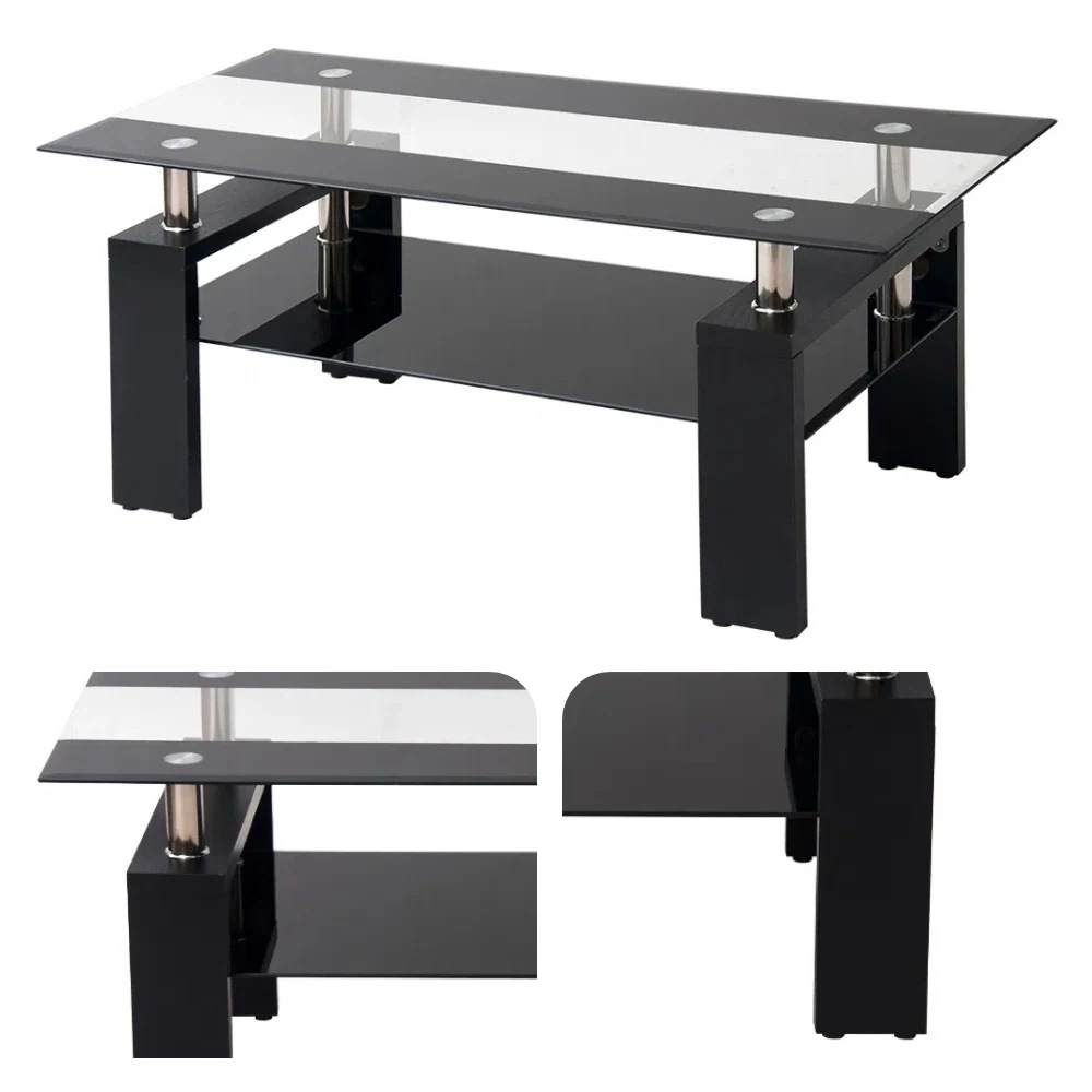 54ガラステーブル コーヒーテーブル 幅88cm 強化ガラス天板 収納付き 二段収納 おしゃれ リビング用テーブル 棚付き 一人暮らしに最適 大容量収納 センターテーブル 木製脚 8,470円