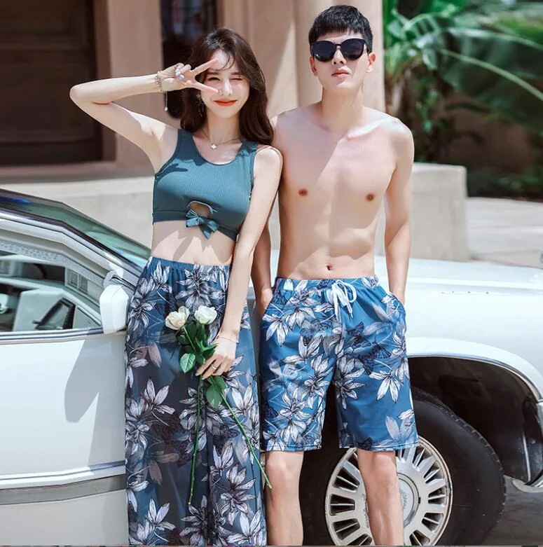 水着 男女セット ペア水着 カップル水着 お揃い レディース メンズ セット水着 ペアルック 体型カバー セパレート水着 ショートパンツ パレオ風スカート 4点セット みずぎ ビキニ セクシ
