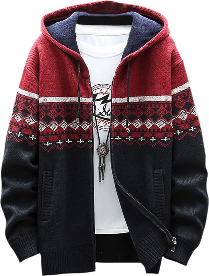 オルテガ柄 メンズ ニット パーカー あったか ジップアップ カーディガン 前開き アウター( レッド, L)