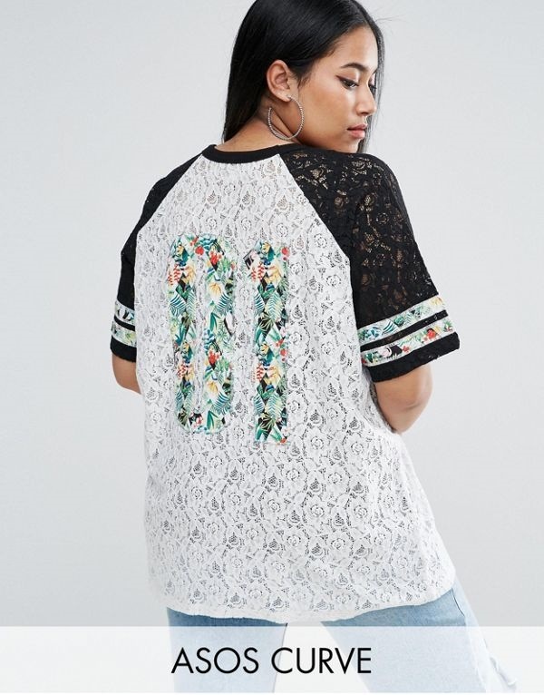 ASOS エイソス レディース 大きめサイズ ゆったりサイズ 送料無料 Mono CURVE T-Shirt in Lace with Tropical Varsity Print