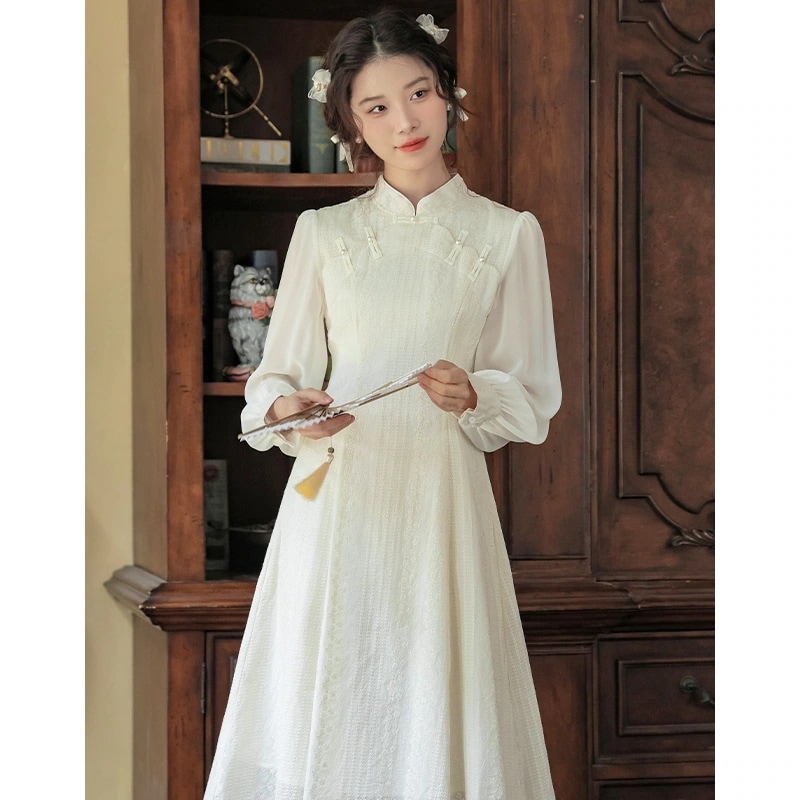 【期間限定特価】秋冬の新風改良レトロ国民風優しく甘いデイリーチャイナドレス中華要素プレートボタン長袖ドレス 母の日のプレゼント 4,796円