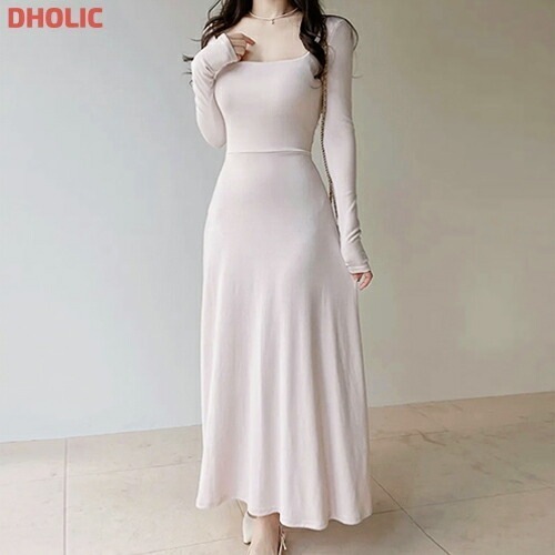 フレアスクエアネックロング長袖バックリボンワンピース・1940621