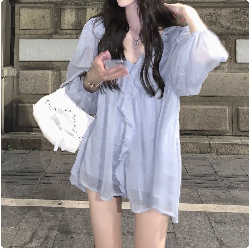 レディース トップス ブラウス チュニック キャミソール デート ショート ショート丈 袖あり 長袖 ボリューム袖 フレアスリーブ 萌袖 Vネック 襟なし フレア 切り替えデザイン フリル 透け感