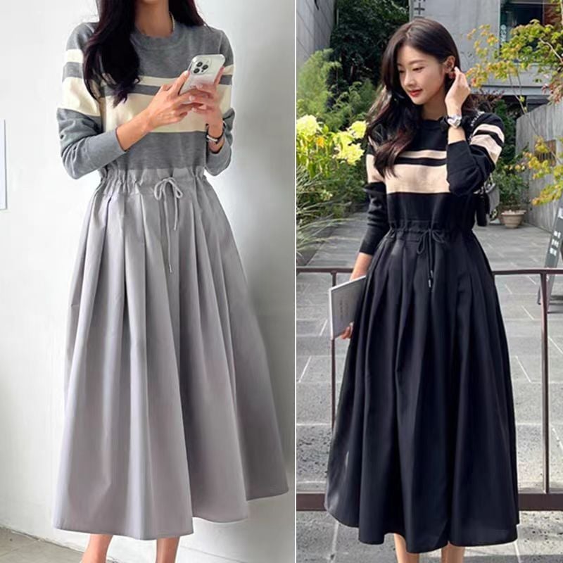 レディース ワンピース ニット ミモレ 長袖 袖あり ラウンドネック フレア Aライン ドッキング プリーツ ハイウエスト バイカラー 大人可愛い きれいめ シンプル カジュアル 上品 こなれ感