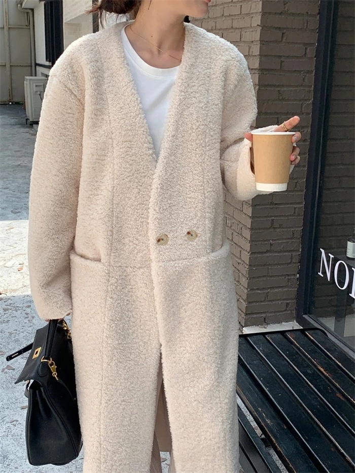 ボアコート ノーカラー ロングコート レディース 秋冬コート ボア ロングコート ミモレ丈 アウター Vネック ノーカラーコート 大人 羽織り ゆったり きれいめ 着痩せ カジュアル シンプル 通勤