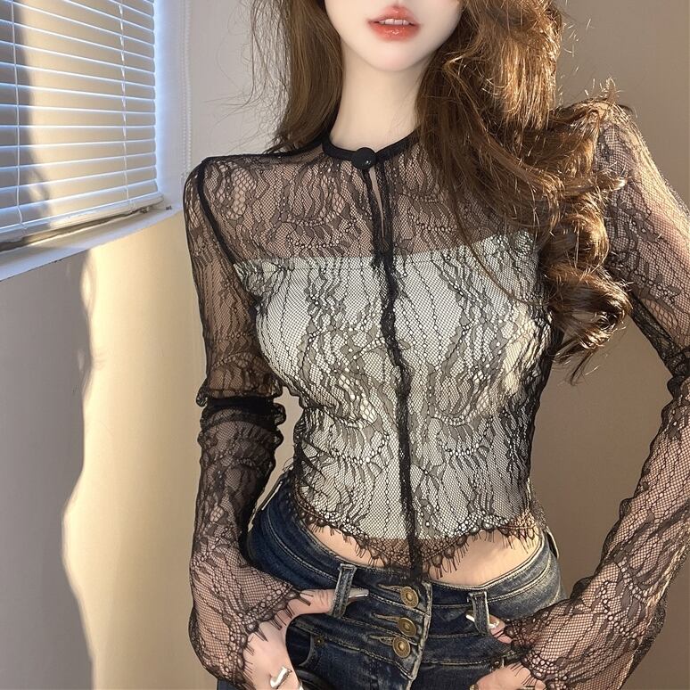 トップス ロンT 長袖 ラウンドネック 襟なし 細身 レース シースルー 前開き かわいい 大人可愛い きれいめ シンプル おしゃれ かっこいい こなれ感 クール モード系 存在感 抜け感 ゴシック 5,016円