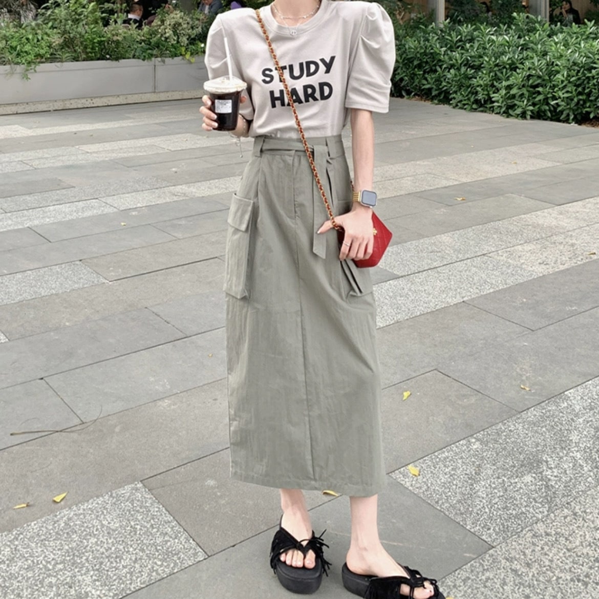 レディース スカート ボトムス ワークパンツ ロングスカート カーゴスカート ショート スリム Aライン ストリート ベルト ウエストマーク スリット サイドジップ ハイウエスト アメカジ 大人可愛い