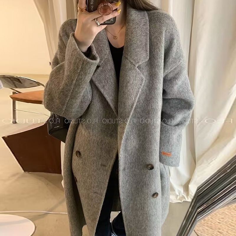 女性用秋冬両面ウールコートミドル丈ダブルブレスト肥厚韓国ウールコートルーズコート