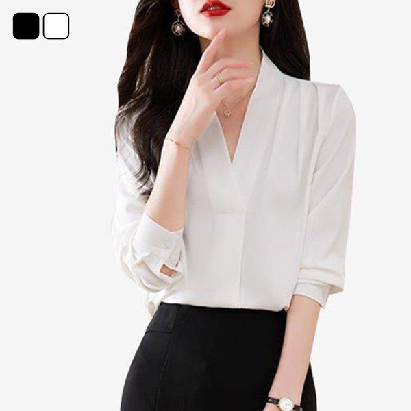 女性ベーシックVネックシフォン無地ブラウスDHTW-BLA-SN1949078