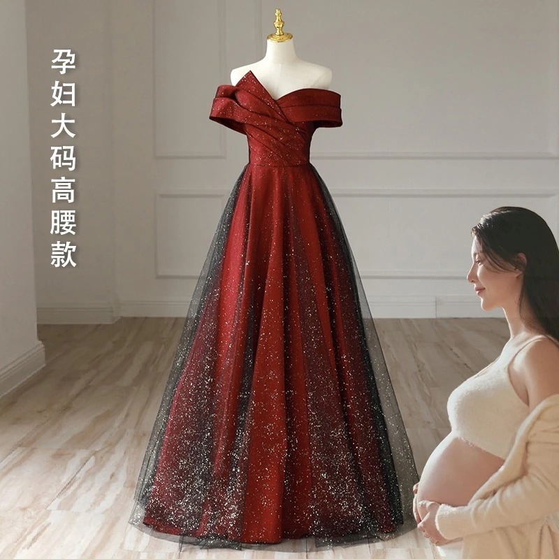 妊婦乾杯服エレガントなワンショルダー赤ウェディングドレス大きいサイズ太mmスリム花嫁結婚式婚約ドレス