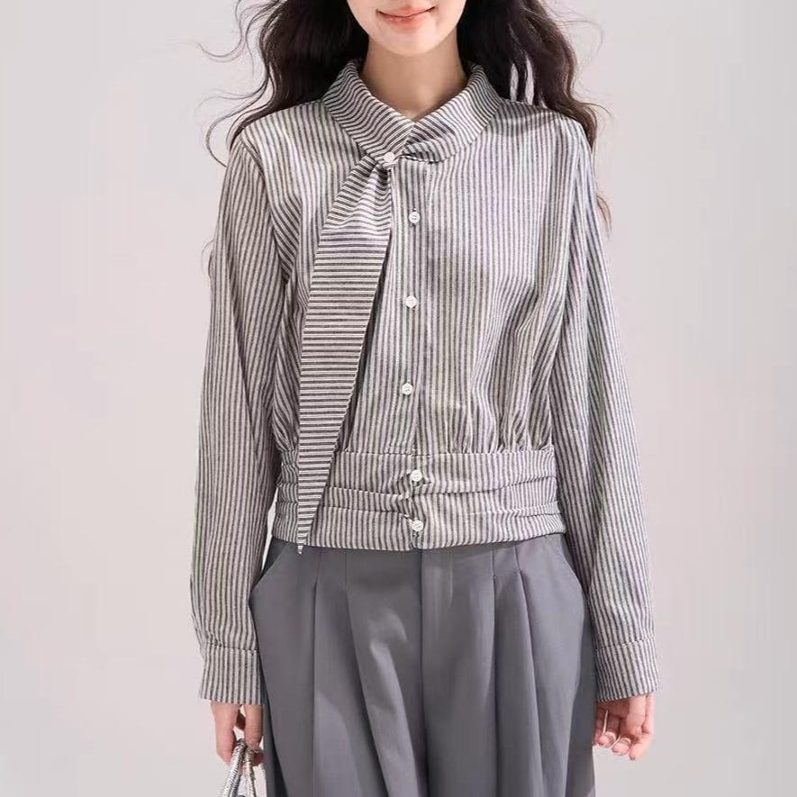 【送.料.無.料.急速発送】ネクタイストライプ長袖シャツ秋ムード通勤シャツ