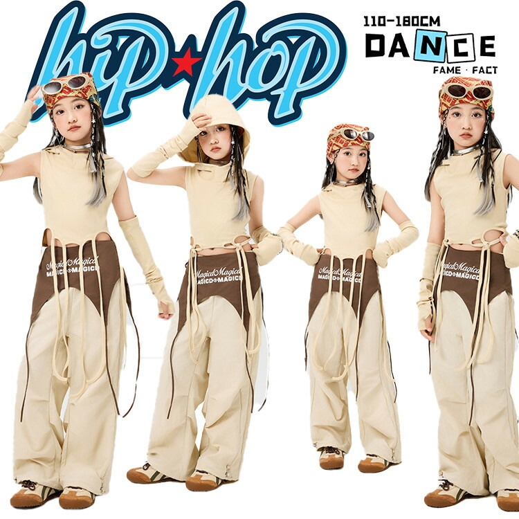 ベージュ フード付き イレギュラー タンクトップ へそ出し 女の子 子供服 ダンス衣装 個性派 アイボリー アームカバー ワイドパンツ カーゴパンツ ズボン サッシュベルト 小学生 ジュニア