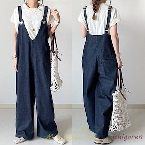 サロペット レディース デニムサロペット デニムパンツ 大人 無地 ひも調整可 ワイドパンツ ストレート denim Vネック ノースリーブ カワイイ デニム 通学通勤