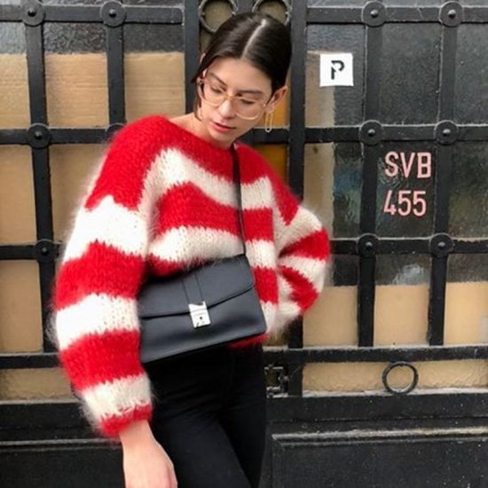 【取寄：納期2週間】ニットセーター レディース トップス 長袖 プルオーバー ボリューム袖 太ボーダー 赤白 ラウンドネック カジュアル お出掛け おしゃれ デイリー ウール モヘア ふわふわ