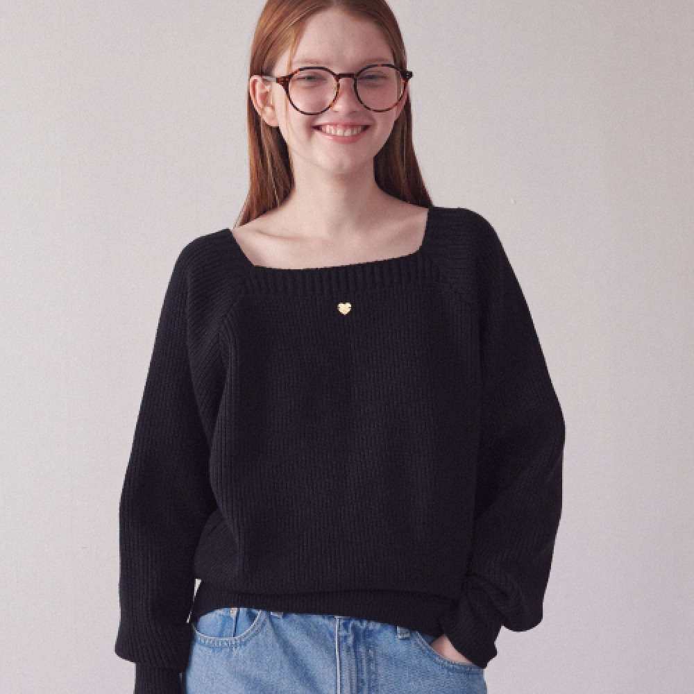 ロンロンハートスクエアネックラグランニットブラック