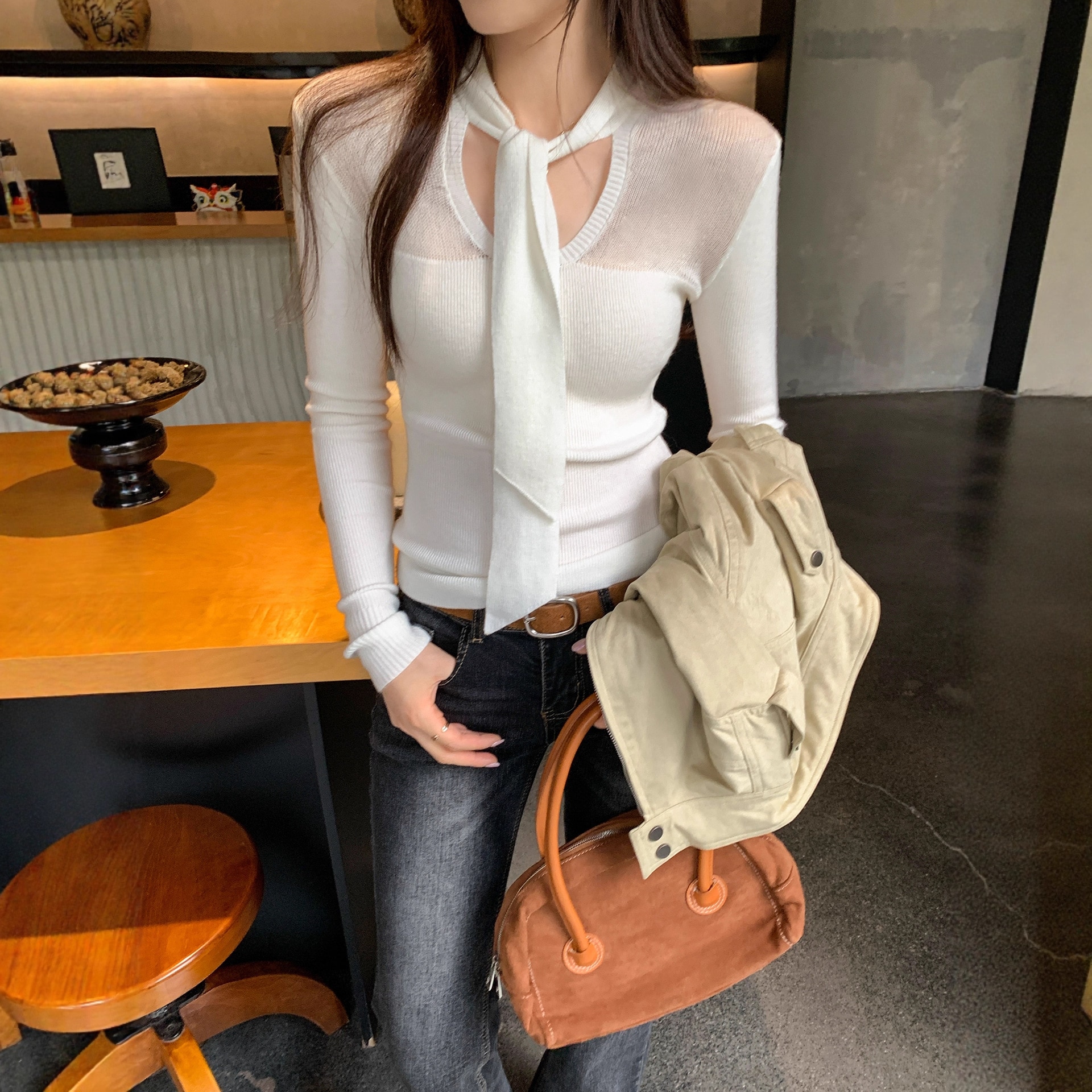 Designed Ribbon V Neck Long-Sleeved Knitwear for Women Autum 2025 New Korean Style Slimming Look Sin