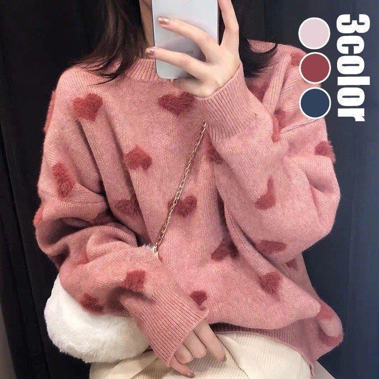 セーター ニット 春秋 レディース 新作 可愛い 長袖ニット 裏起毛 ふわふわ 厚手 暖かい 韓国風 ゆったり オシャレ ハート柄 カジュアル 丸首 トップス 3色