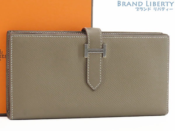 美品エルメスベアンスフレ二つ折り長財布マチ有りエトゥープベージュシルバー金具ヴォーエプソン