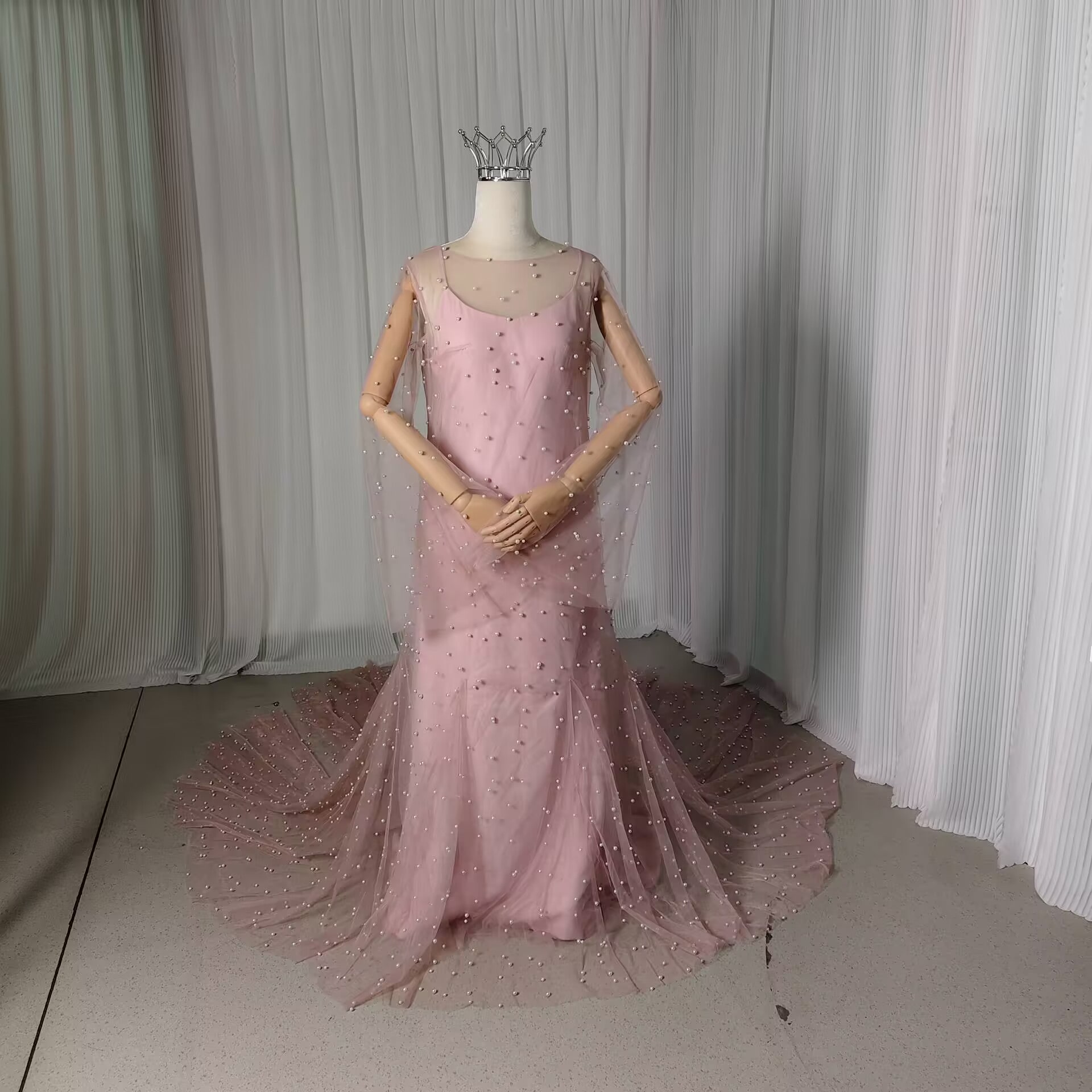 カラードレス ツーピース ピンク ビーズ フレア袖 キャミソール+オーバードレス ロングトレーン 花嫁