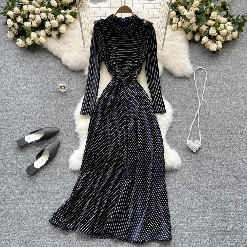 ワンピース ドレス ナイトドレス Aライン ロング丈 アンクル丈 襟付き ボーダー 縞々 ストライプ