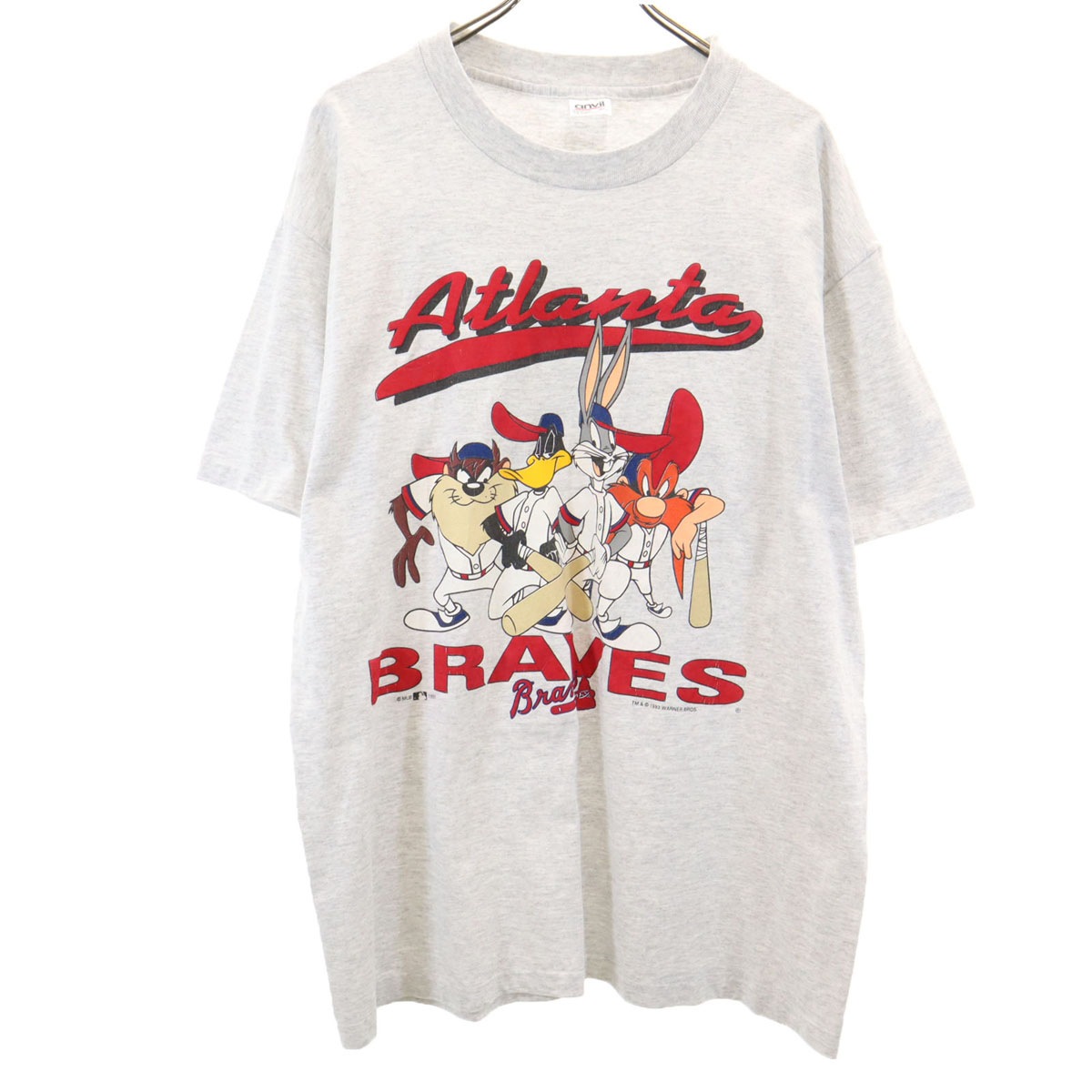 90s オールド USA製 MLB ルーニーテューンズ アトランタブレーブス 半袖 シングルステッチ Tシャツ XL グレー ワーナーブラザーズ メンズ 古着