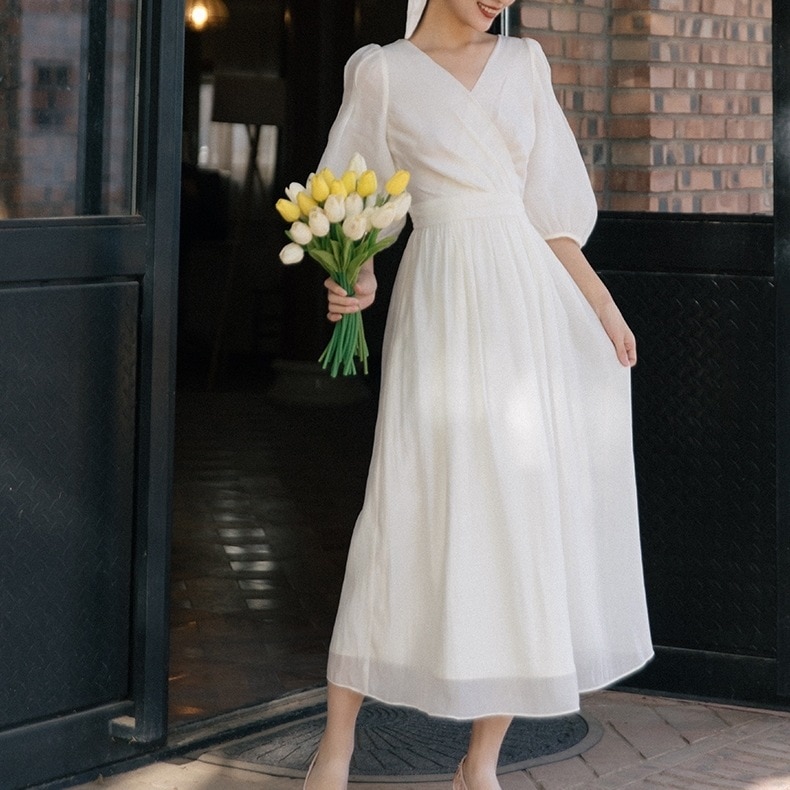 ワンピース レディース フレア ロング カシュクール S M L XL 韓国 パフスリーブ カシュクール バルーンスリーブ 5分袖 Vネック ノーカラー フレア ウエストマーク かわいい 大人可愛い