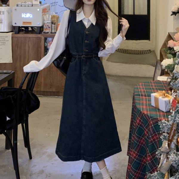 セット レディース ブラウス デニムワンピース S M L 韓国 サロペット 2点セット ジャンパースカート ワンピース ロング丈 ロングワンピース ロング ベルト ポケット ハイウエスト ポケット付