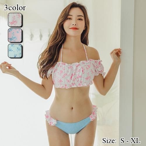 【グラシア】 水着 オフショルダー レディース ビーチウェア スイムウェア 流行 海 プール 2WAY オフショル フリル 花柄 パフスリーブ ホワイト ピンク ライトブルー S M L オフショルダ